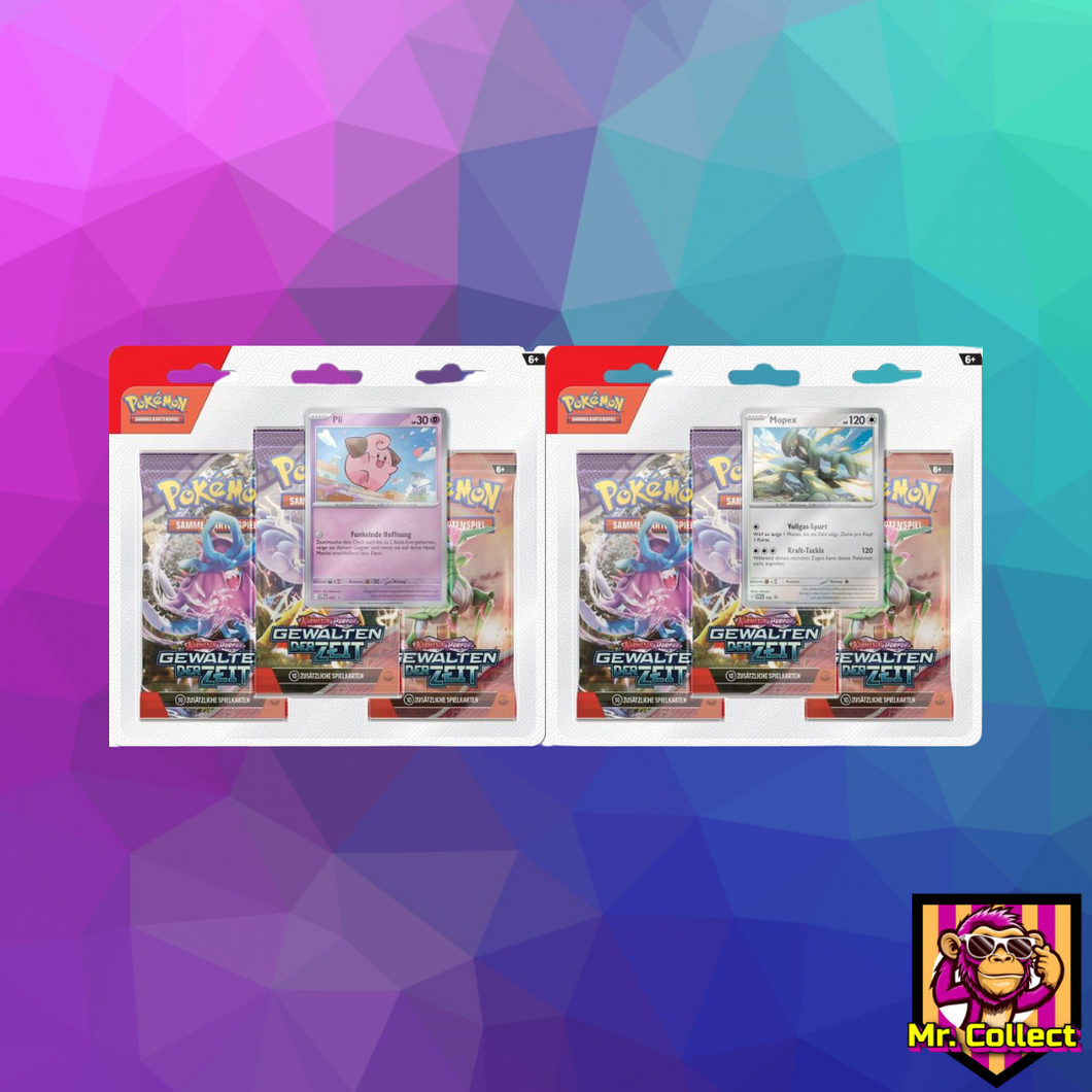 Pokemon Karmesin & Purpur: Gewalten der Zeit 3-Pack Blister mit Mopex oder Pii Promo Deutsch