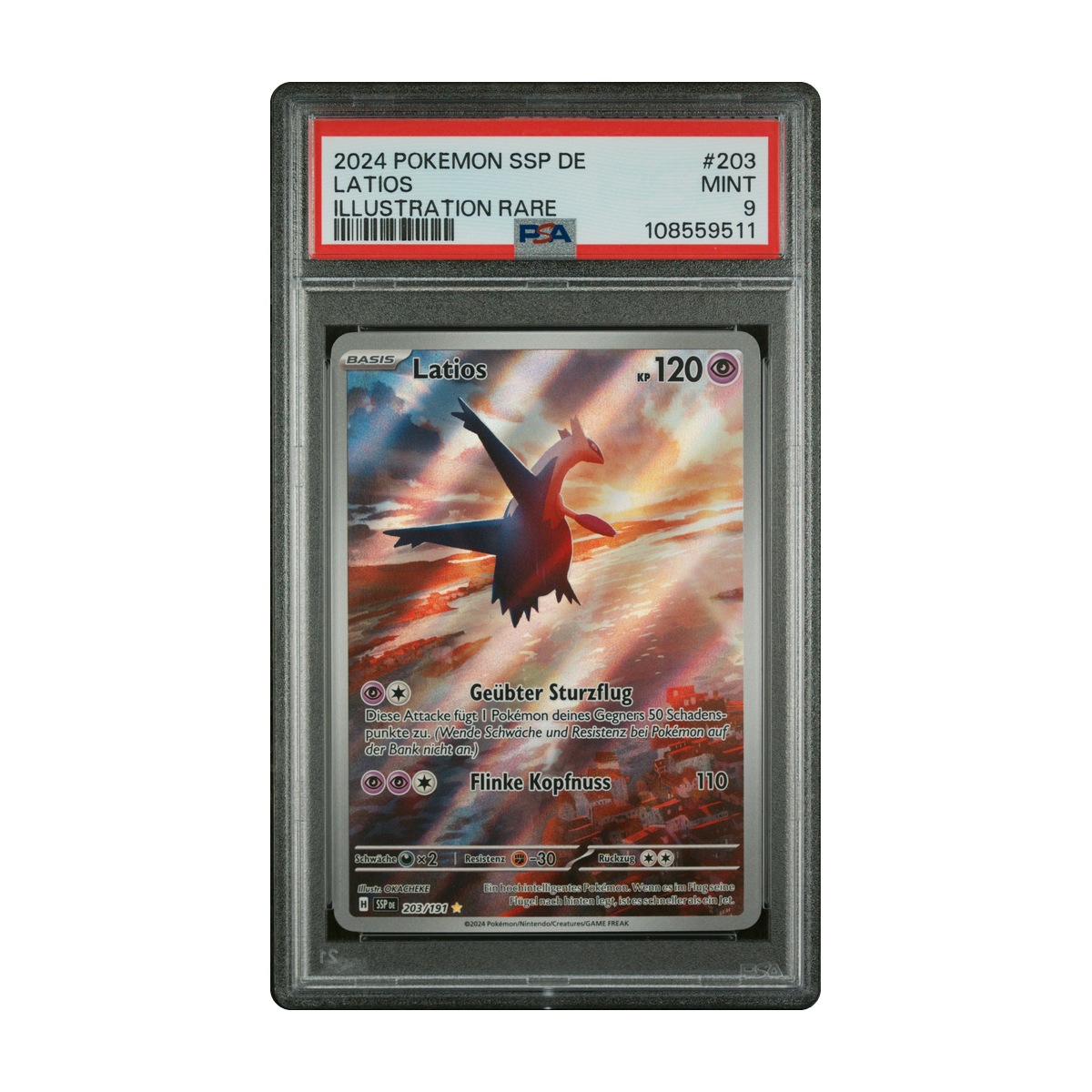 Latios 203/191 Deutsch – PSA MINT 9, Zertifikat 108559511 – originale PSA-Vorderseite