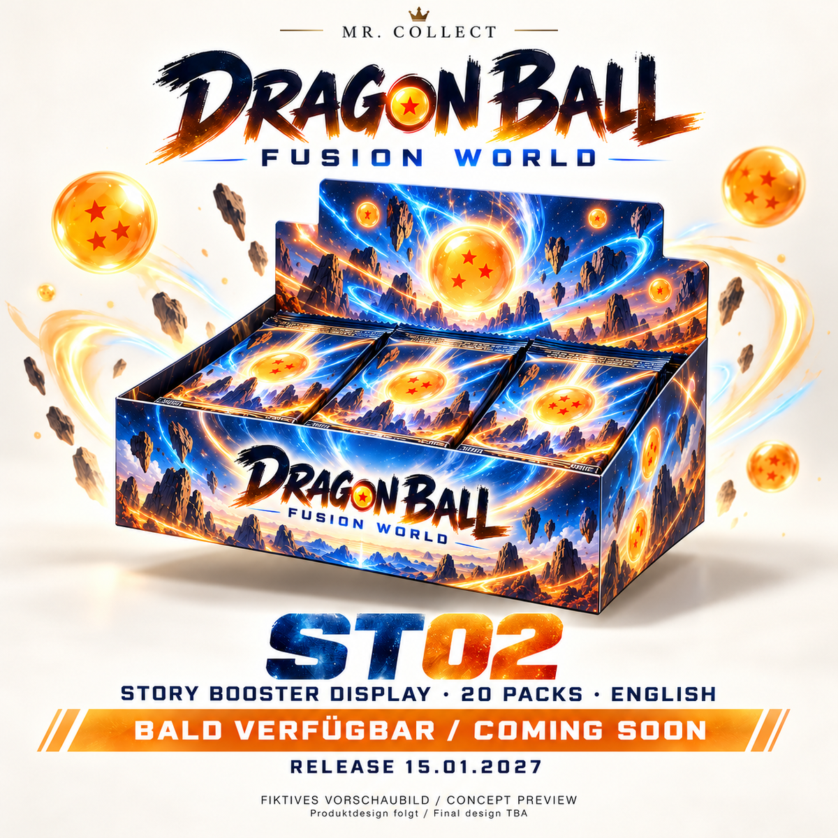 Fiktives Vorschaubild / Concept preview – Dragon Ball ST02 – Release 15.01.2027. Produktdesign folgt / Final design TBA.