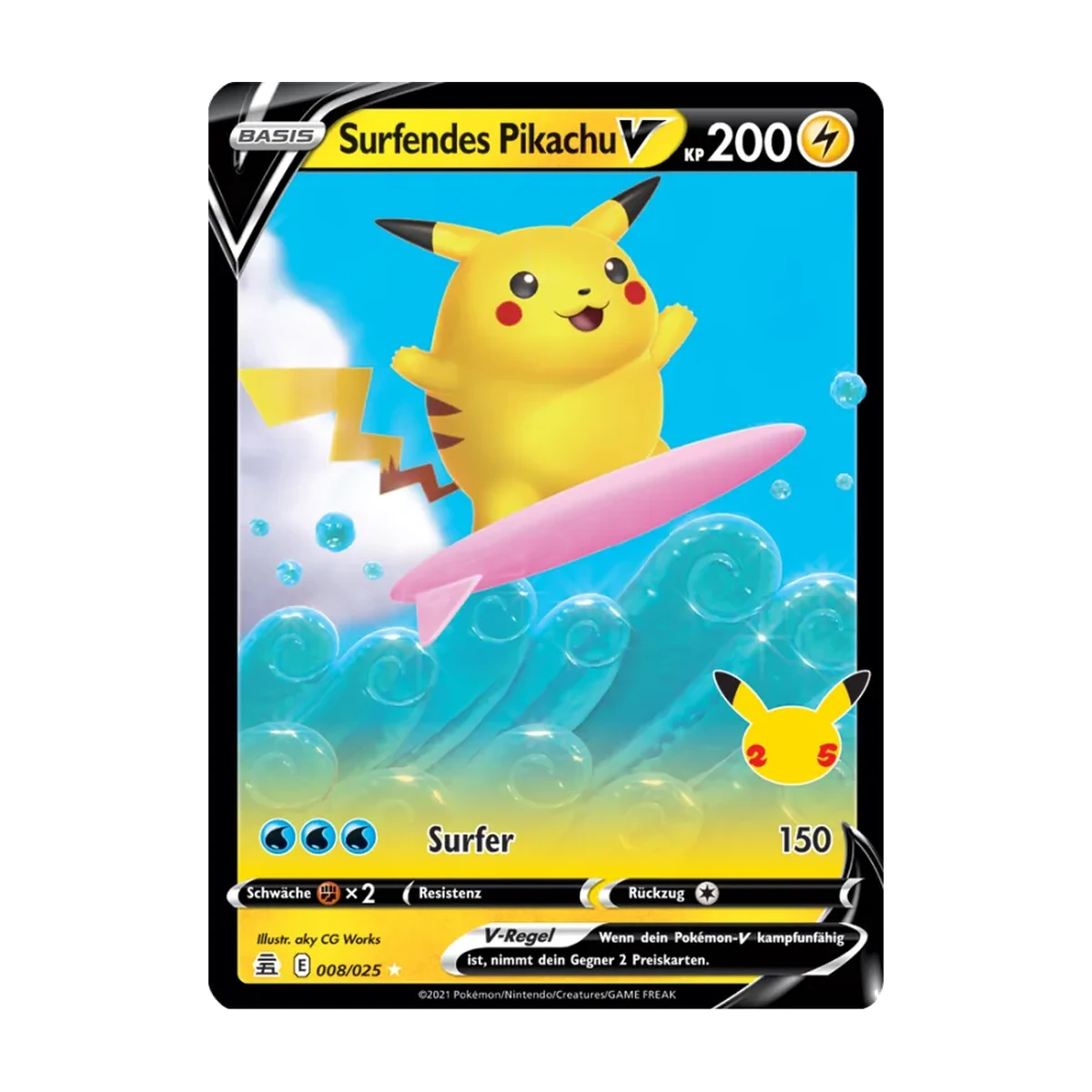 Surfendes Pikachu V 8/25 – Celebrations – Deutsch, Beispielbild; Zustand laut Beschreibung